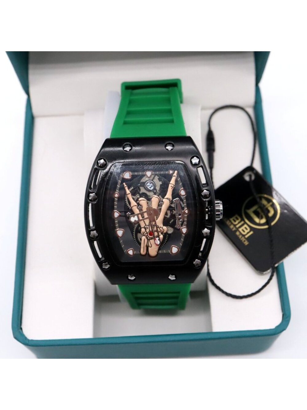 BIBI Skeleton Watch Tonneau Case Black Green Strap Luxury Style New with Flaw